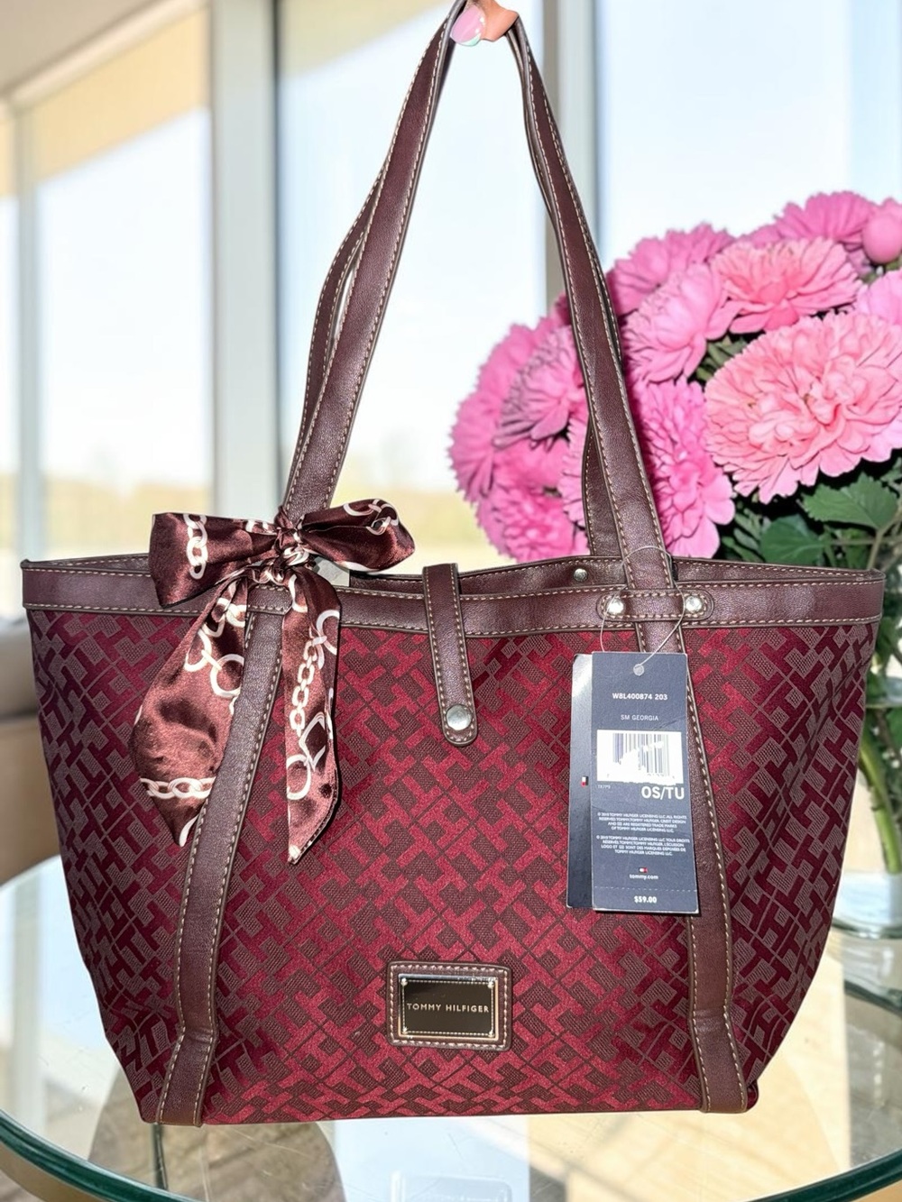 Tommy Hilfiger GeorgiaMonogram Tote Bag Burgundy NWT